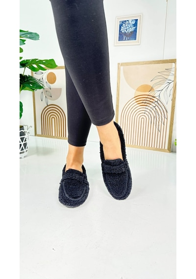 Günlük Kadın Loafer Peluş Astarlı Oval Burunlu Alçak Desenli Tabanlı Ayakkabı 375 Siyah
