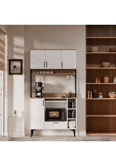 MEZZA 5260 COFFEMATE Kahve Köşesi 105 cm Çok Amaçlı Dolap Kiler Mutfak Dolabı Sepet Beyaz