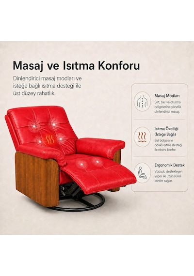 Smarto Relax Miami Elektrikli Masajlı Döner Sallanan Tv Koltuğu Kontrol Panelli Ahşap Yan Panelli Gerçek Deri Baba Koltuğu Kırmızı