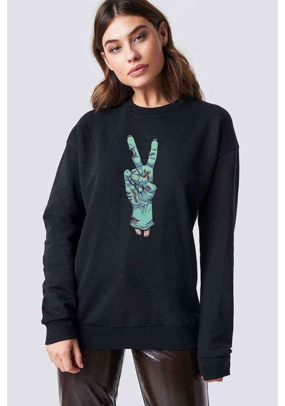 Zombie Peace Baskılı Siyah Kadın Sweashirt