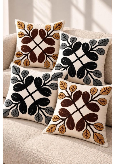 4'lü Set Çiçekli Dekoratif Kırlent Kılıfı 43x43 Cm, 3d Efektli Dijital Baskılı - Monokrom Yapraklar Çok Renkli