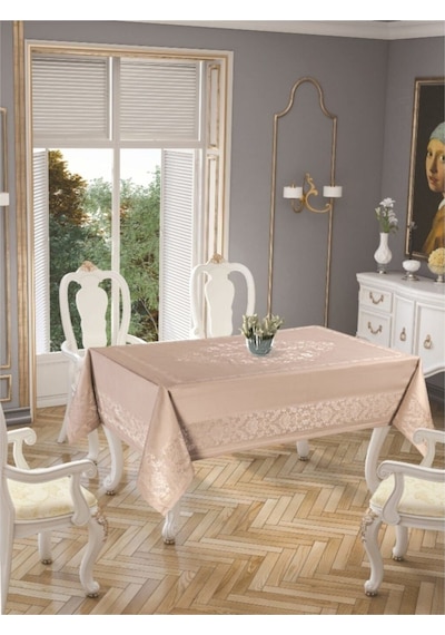 Jumbo Jakar Pano Desen Leke Tutmaz Jakarlı 150x220 Cm Lüks 8 Kişilik Masa Örtüsü Bej