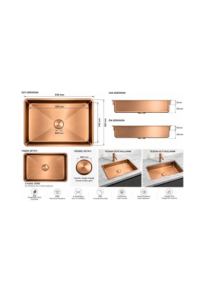 Alfas Aura Dikdörtgen 51x36cm Pvd Rose Gold Tezgah Üstü Tezgah Altı Banyo Mutfak Lavabo 304 Çelik
