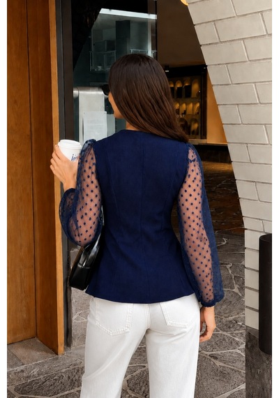Armonika Kadın Lacivert Yakası Bağlamalı Kolları Tül Peplun Bluz Arm-26y001076