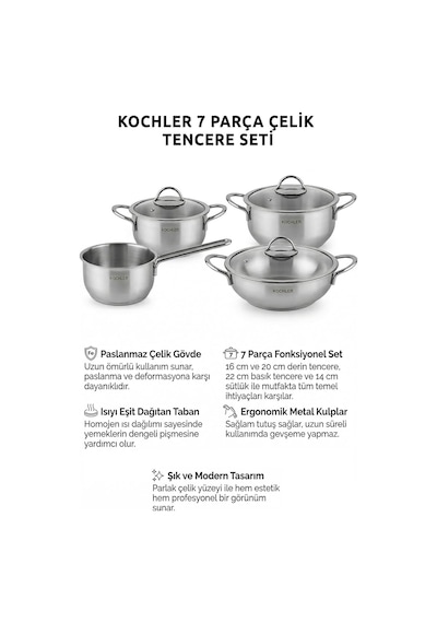 7 Parça Paslanmaz Çelik Tencere Seti İndüksiyon Uyumlu 22-20-16-14 Cm Genel