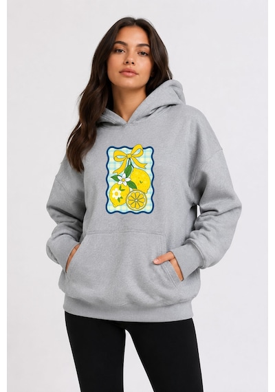 Herkesemoda Limon Baskılı Kapüşonlu 2 İplik Şardonlu Sweatshirt Gri