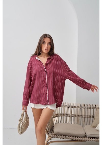 Paw Garage Kadın Monroe Dantel Işlemeli Yazlık Gömlek, Dokuma Modal Kumaş Oversize Gömlek Bordo Paw Garage Kadın Monroe Dantel Işlemeli Yazlık Gömlek, Dokuma Modal Kumaş Oversize Gömlek Bordo