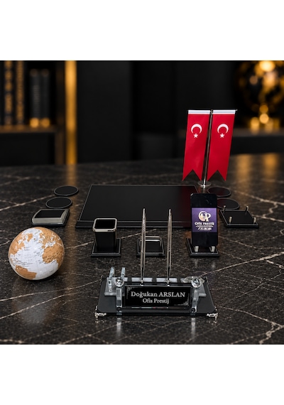 Ofis Prestij 13 Parça Dünya Küreli Kristal Kişiye Özel İsimlik Ve Sümen Seti Siyah