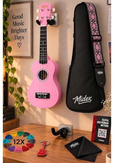 Midex UKX-901PK Pembe Soprano Ukulele (Askı Çanta Metod Pena)
