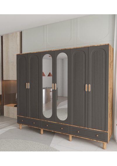 Mila 6 Kapaklı Çekmeceli Gardırop - Tamamı Mdf Antrasit