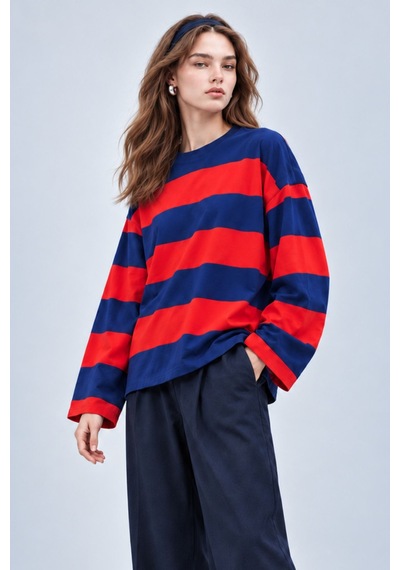 Hiccup Bıpantolon Kadın Oversize Çizgili Bisiklet Yaka Sweatshirt Çok Renkli