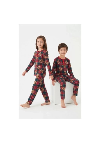 Veraura Lifestyle 6/14 Yaş Ekose Ayıcık Baskılı Pamuk Penye Çocuk Pijama Takımı Bordo