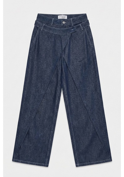 Itsbasic Kadın İndigo Bol Kesim Balon Fit Çift Pantolon Detaylı Özel Tasarım Denim Jean