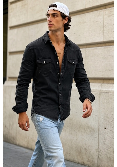 Erkek Slim Fit Siyah Kot Gömlek Çıtçıt Düğmeli Uzun Kollu Denim Gömlek