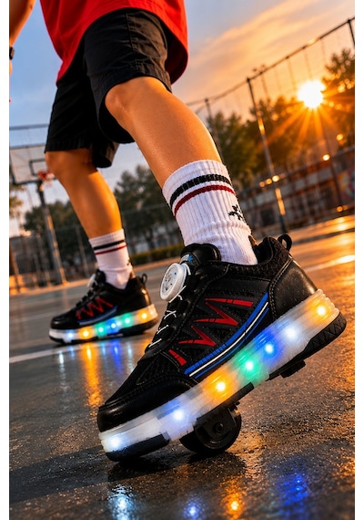 Muggo Sky Çocuk Işıklı Patenli Tekerlekli Sneaker Spor Ayakkabı Siyah - Kırmızı