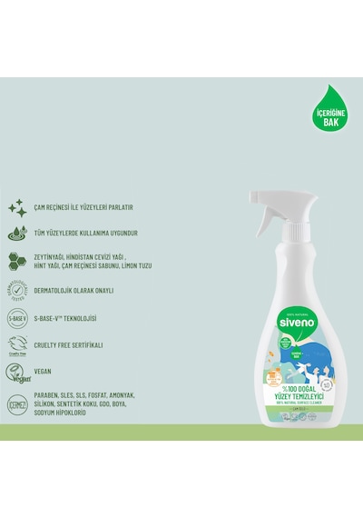 Siveno %100 Doğal Yüzey Temizleyici Bitkisel Leke Çıkarıcı Mermer Fayans Ahşap Yüzeyler 500 ML