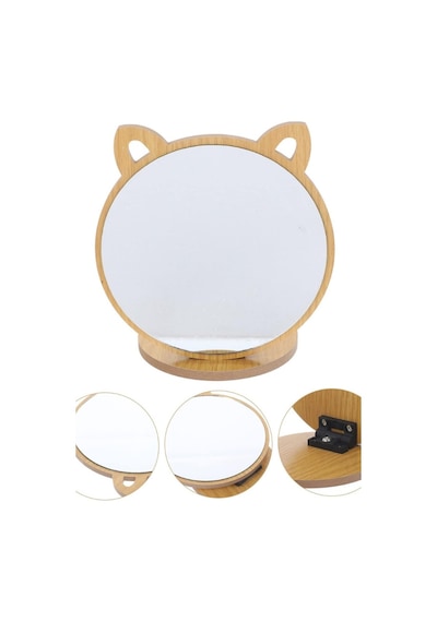 Kedi Ayna Ahşap Standlı Masa Üstü Makyaj Aynası Make Up 19cm