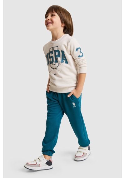 U.S. Polo Assn. Erkek Çocuk Ekru-petrol Mavisi Bisiklet Yaka Büyük Logolu Paçası Lastikli Eşofman Takımı 50334118-vr049 Taş
