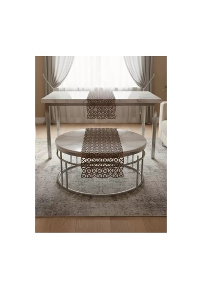 Salon Takımı 5 Parça Dantel Masa Örtüsü Runner Seti Kahverengi Angles Model No 856 Çok Renkli