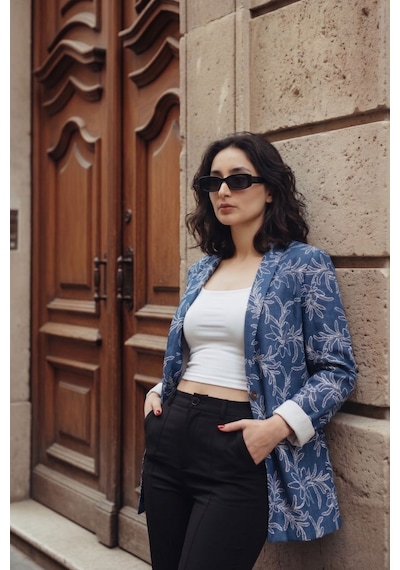 Armonika Kadın Saks Desenli Tek Düğme Ceket Arm-26y001104