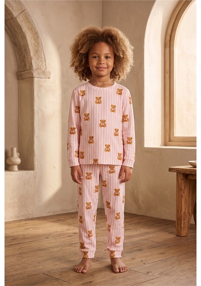 Katia&bony Kız Çocuk Teddy Desenli Pijama Takımı Pembe Desenli
