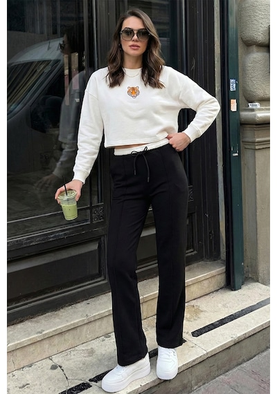 Lela Streç Slim Fit Yüksek Bel Geniş Paça Çimalı Bayan Eşofman Altı 5866078 Siyah