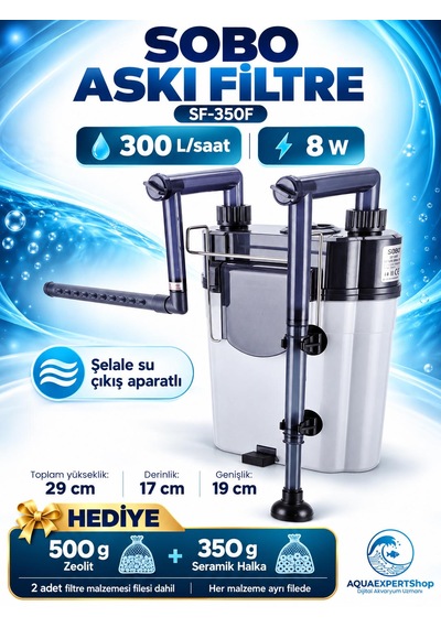 Sobo Akvaryum Askı Filtre - 300 Lt/saat - Seramik Halka + Zeolit Hediyeli - Şelale Filtreli - Aktif Temizlik - Temizlenebilir Sünger