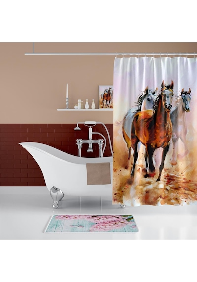 Banyo Paspas Ve Tek Kanat Duş Perdesi 1x180x200 Set Banyo Halısı Horses Beyaz