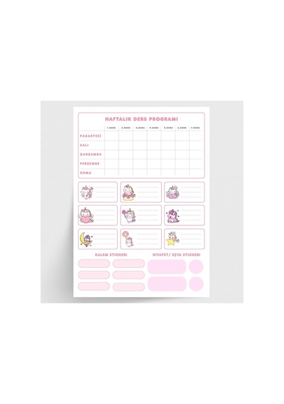 Bimotif Figürlü İsimlik, Ders Programı, Kalem Ve Eşya Sticker Seti, Pembe 10 Sayfa
