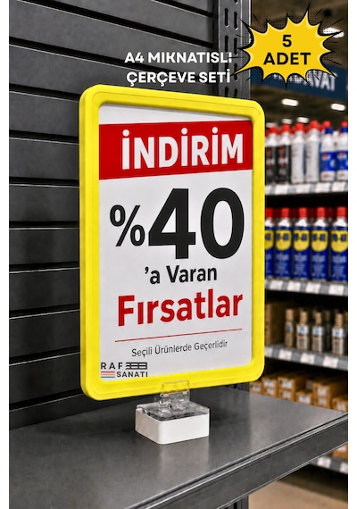 5 Adet - A4 Güçlü Mıknatıs Tutuculu Fiyatlık Etiketlik Dikey Yatay Ve Bilgilendirme Çerçevesi Sarı