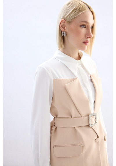 Sateen Ceket Görünümlü Gömlek - Bej-136791 bej