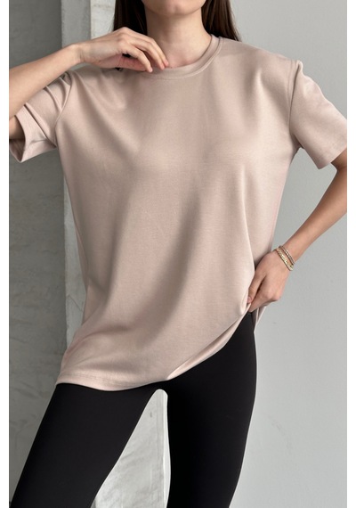 Balenbi Kadın Modal Bisiklet Yaka Basic Yarım Kollu T-shirt 1211 Bej