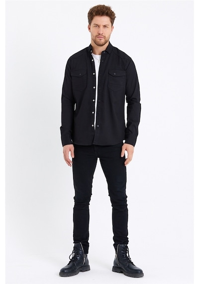 Tarz Cool Erkek Çift Cepli Çıt Çıt Düğmeli Slim Fit Kot Gömlek Siyah