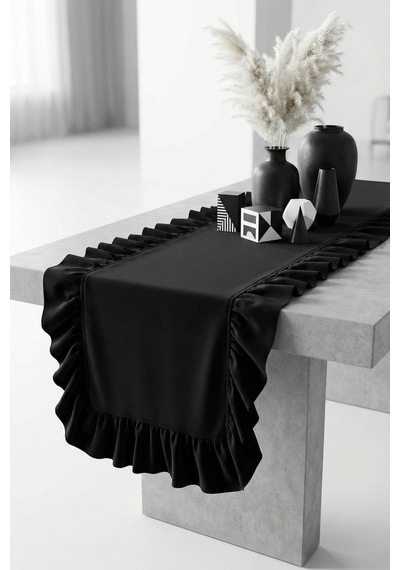 Naturel Siyah Fırfırlı Keten Runner - 40x150 Cm