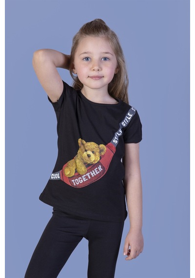 Toontoy Kids Toontoy Kız Çocuk Baskılı Bisiklet Yaka Kısa Kollu Tişört Siyah