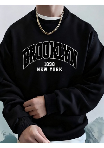 Startmore Startmorebrooklyn 1898 New York Prints Erkek Kapüşonlu Üst Sonbahar Bisiklet Yaka Tişörtü Temel Polar Siyah