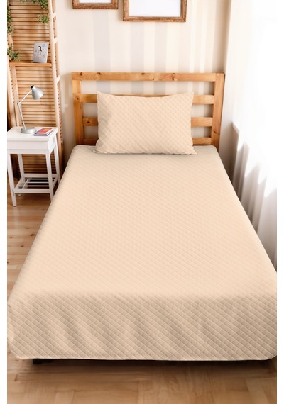 Krem Minimal Genç Odası Tek Kişilik Pike Takımı - Kapitone Bej 160x220 Cm Mevsimlik Yatak Örtüsü Rüzgarlı Sepet Perdesi
