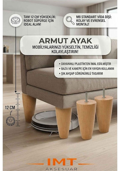 İmt Aksesuar Armut Mobilya Ayağı 4 Adet 12 Cm Açık Meşe Robot Süpürgeye Uyumlu Koltuk Kanepe Baza Ayağı Seti Açık Meşe