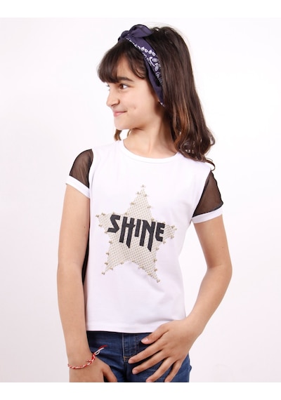 Toontoy Kids Toontoy Kız Çocuk Shine Yıldız Baskılı Kol Kısmı Fileli Tişört Beyaz