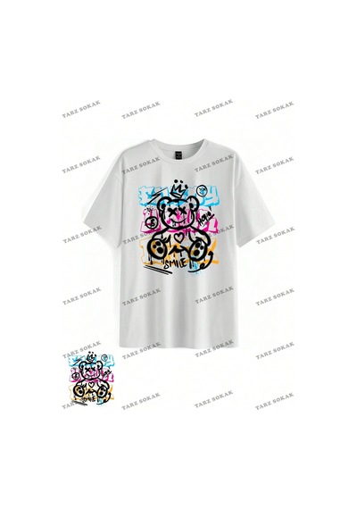 Tarzsokak Unisex Bay Desen Baskılı Düşük Omuzlu T-shirt Kod-1334 Beyaz