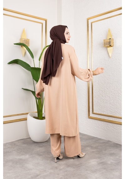 Nevayla Moda Ayrobin Kumaş İnci Detaylı Takım / T105 - Vizon Vizon