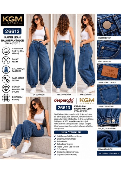 Ymr Moda Mavi Paça Çıtçıt Detaylı Salaş Kadın Jeans Kot Pantolon 26613-24/32