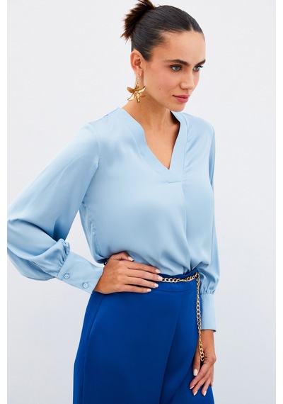 Sateen V Yaka Saten Bluz - Bebe Mavi-134904 Bebe Mavi