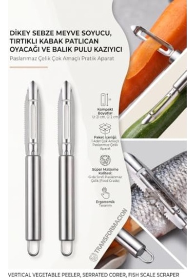Ayrex Transformacion 2 Li Pratik Dikey Sebze Meyve Kabuk Soyucu, Tırtıklı Kabak Patlıcan Oyacağı Ve Balık Pulu K Diğer