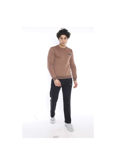 Escetic Erkek Spor Sütlü Kahve Kışlık Sweatshirt Takım, 3 İplik (İçi Şard Sütlü Kahverengi