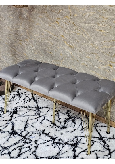 Zafir Metal Gold Tel Ayaklı 100 Cm Puf Bench - Puf - Bench - Oturak - Mutfak Oturağı - Antre Oturağı Gri