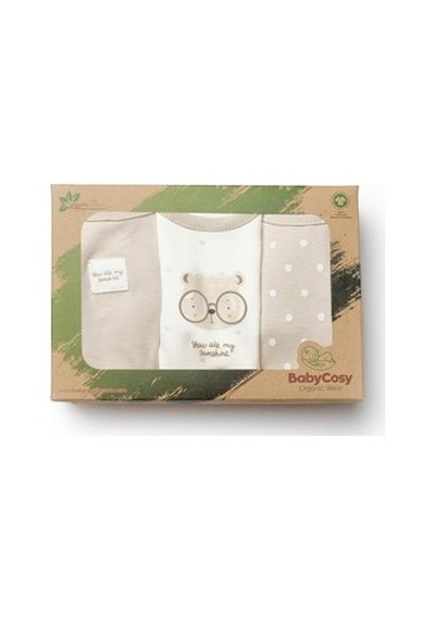 BabyCosy Organic Wear Bebek 3'lü Uzun Kollu Body %100 Organic Pamuk, Yenidoğan Serisi -csy8124 Ekru