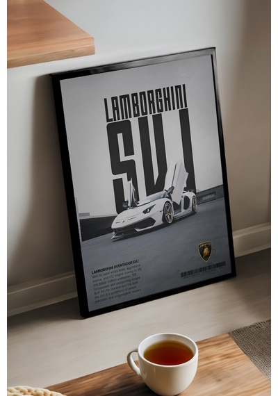 Lamborghini Aventador Svj Siyah Ahşap Çerçeveli Poster, Dekoratif Araba Duvar Tablosu