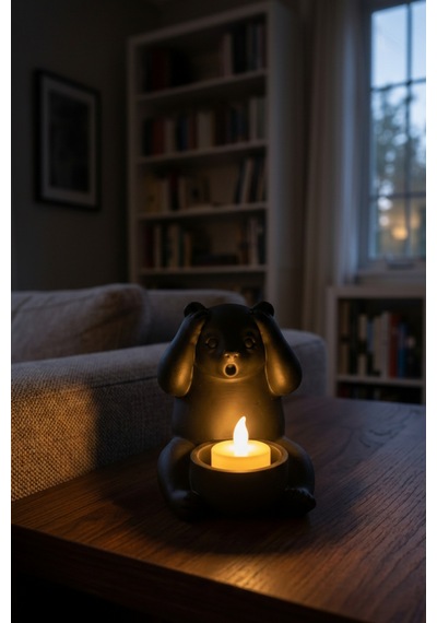 Dekoratif Tealight Mum Hediyeli Ayı Panda Tasarım Vegan Siyah