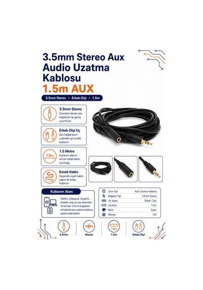 3.5mm Stereo Aux Audio Erkek - Dişi Uzatma Kablosu 1.5m